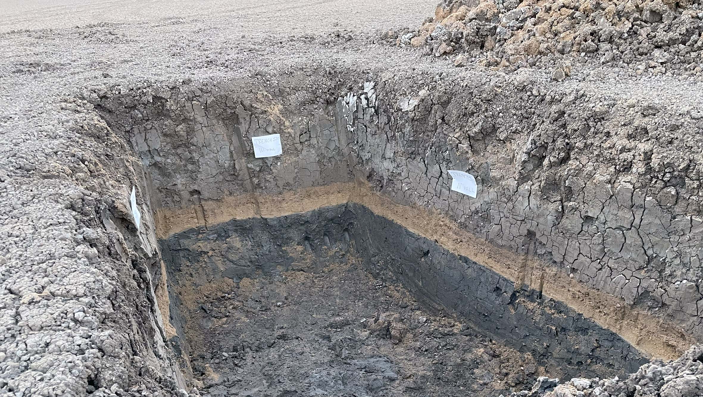 Paleotsunami trench showing sedimentary layers.